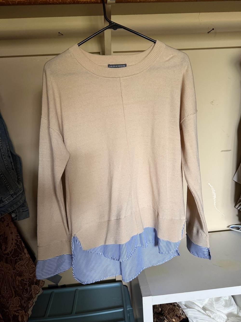 Chelsea & Theodore Beige Sweater with Blue Striped Shirt Hem